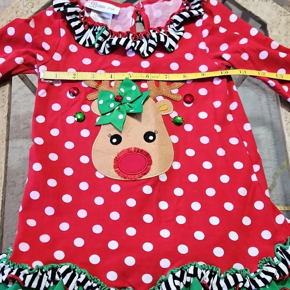 Bonnie Jean Red Polka Dot Reindeer Dress Girls Size 3T